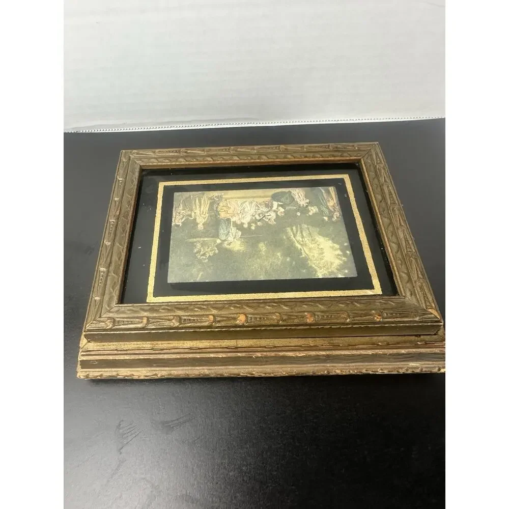 Jewelry Vanity Trinket Box Glass Top Victorian Scene Lid 1940's Antique